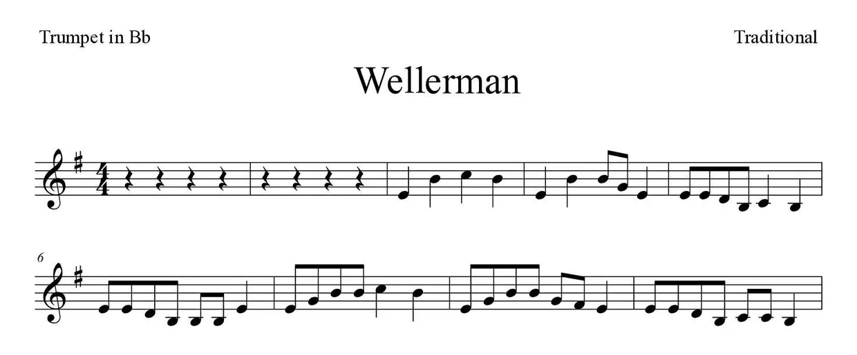 Partitura de Wellerman para trompete em Sib, primeiras linhas