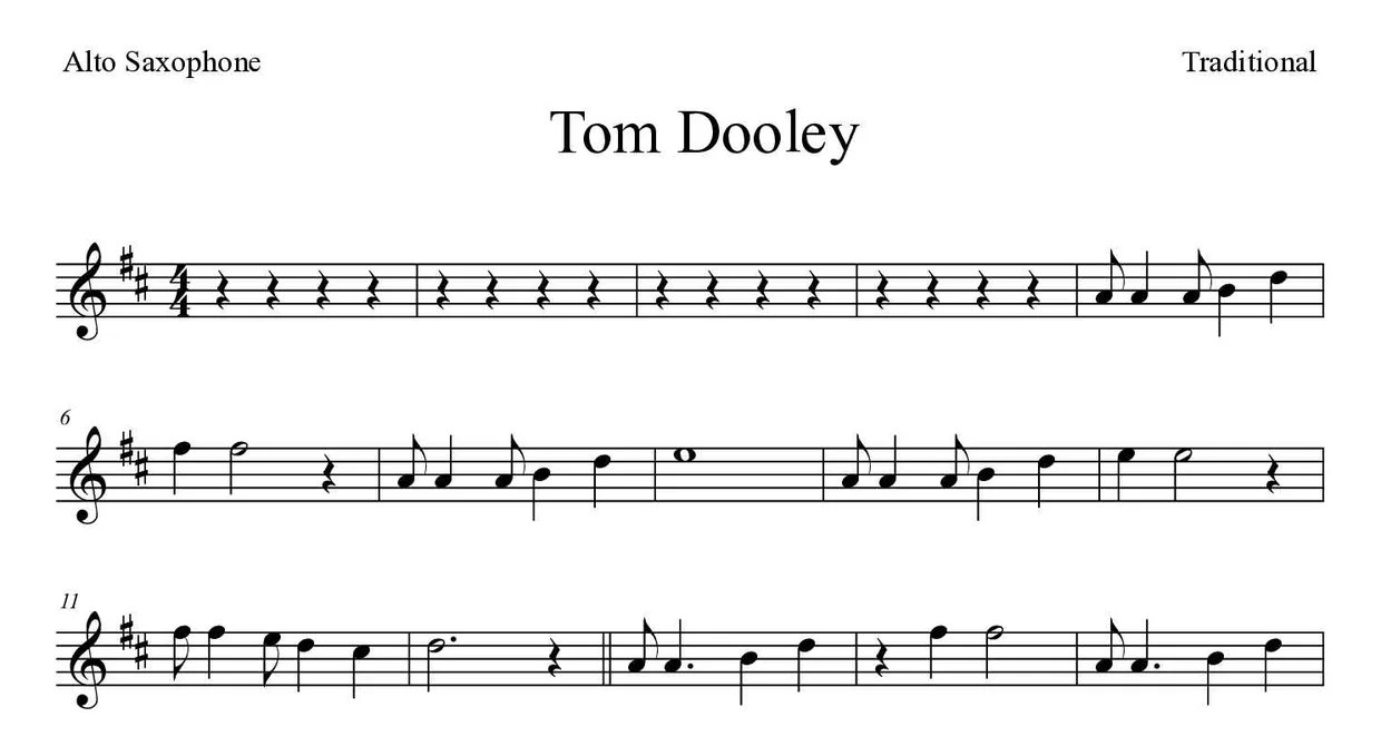 Noten von Tom Dooley für Altsaxophon (Mittel), erste Zeilen