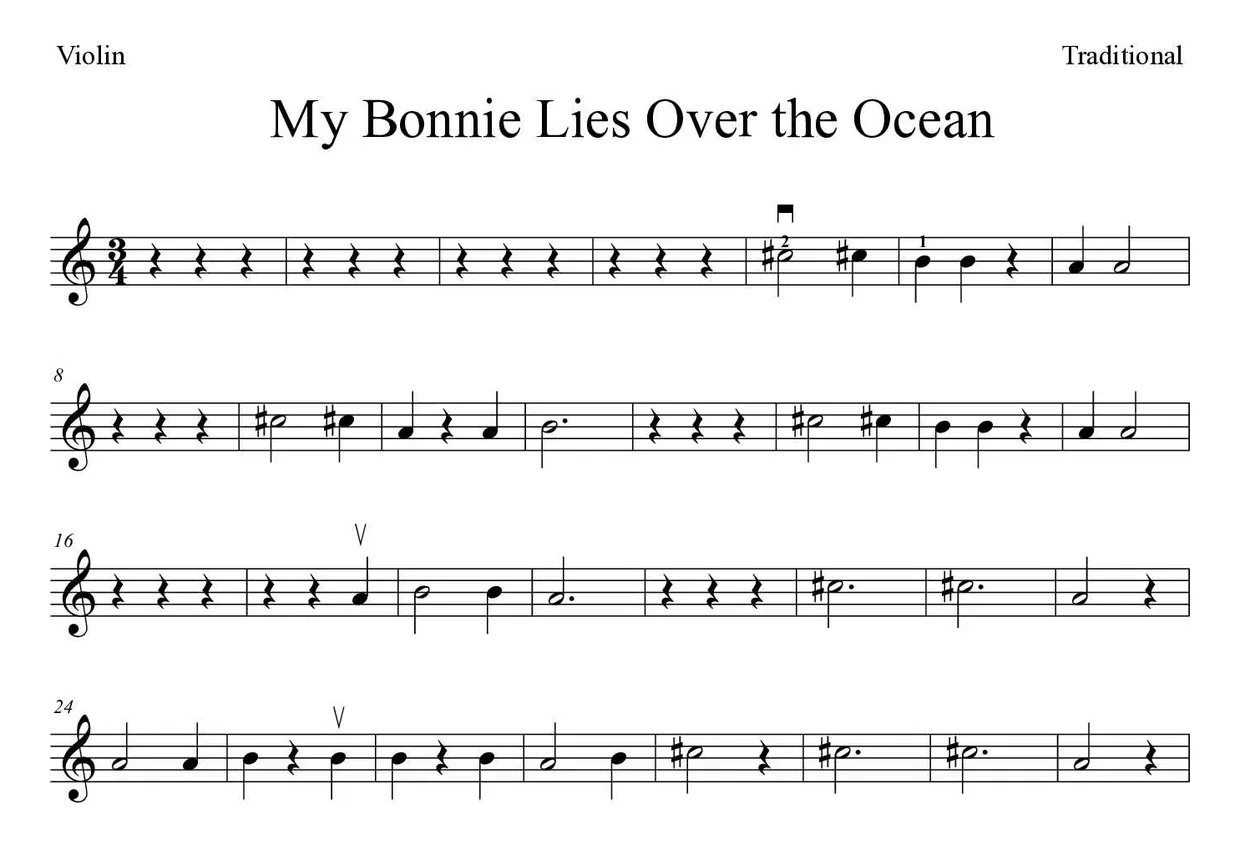 ‘My Bonnie Lies Over the Ocean’ Violin 악보의 첫 몇 줄