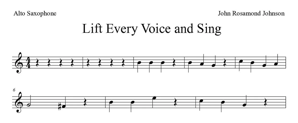 Partitura de Lift Every Voice and Sing para saxofón alto, primeras líneas
