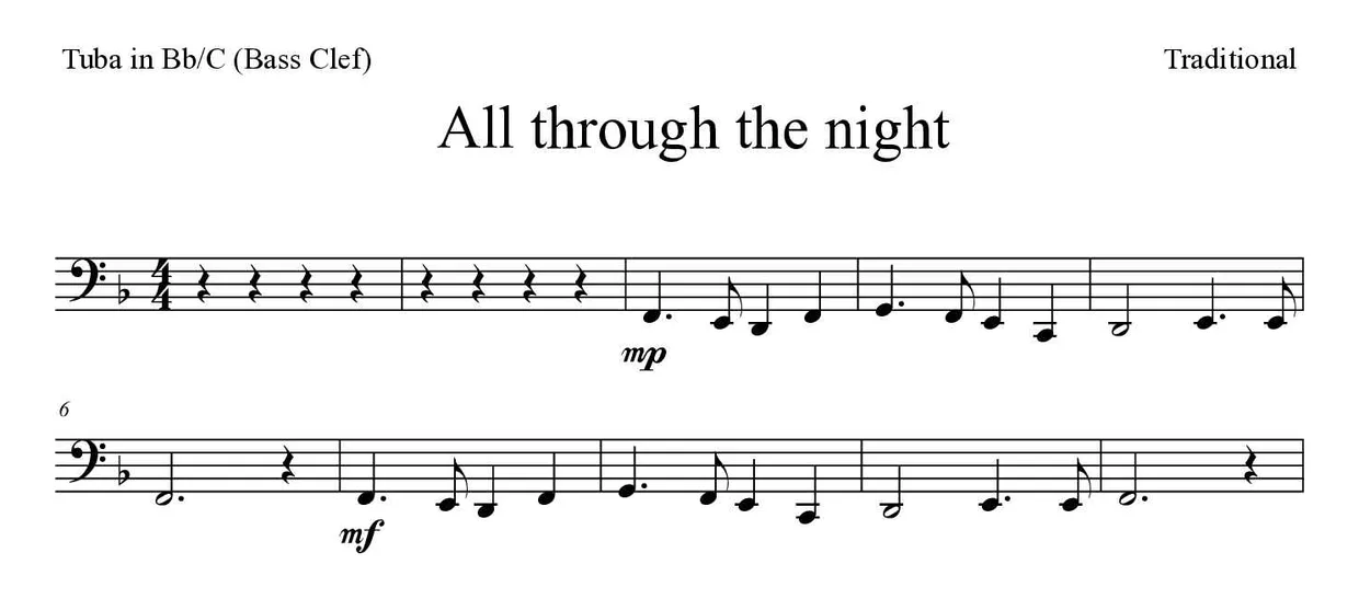 Noten von All through the night für Tuba in B/C (Bassschlüssel) (Einfach), erste Zeilen