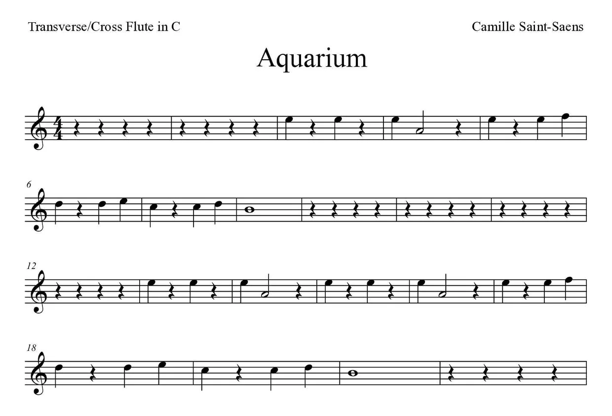Sheet music of Aquarium for flute (Easy), first lines