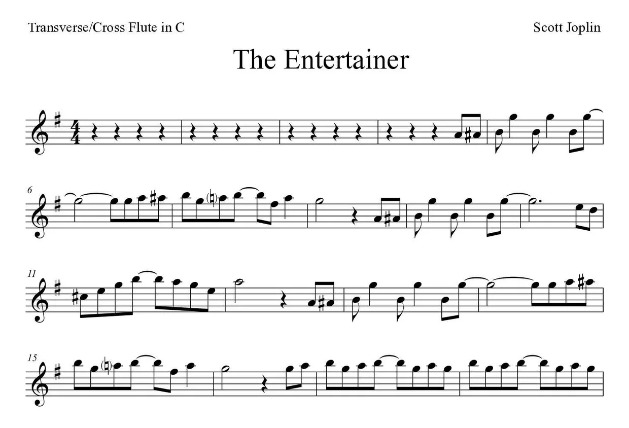 Partitura de The Entertainer para flauta transversal, primeiras linhas