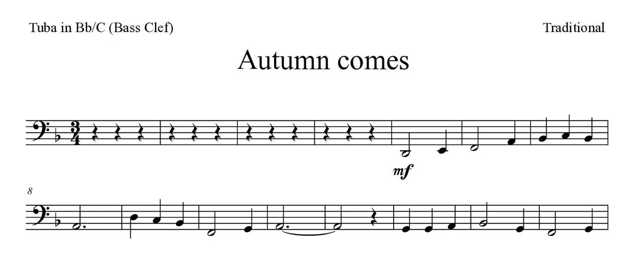 Noten von Autumn comes für Tuba in B/C (Bassschlüssel) (Einfach), erste Zeilen