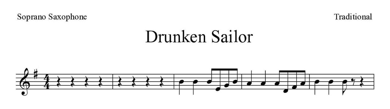 ‘Drunken Sailor’ Soprano Saxophone 악보의 첫 몇 줄