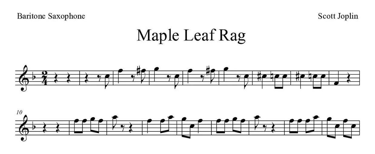 Noten von Maple Leaf Rag für Baritonsaxophon (Mittel), erste Zeilen