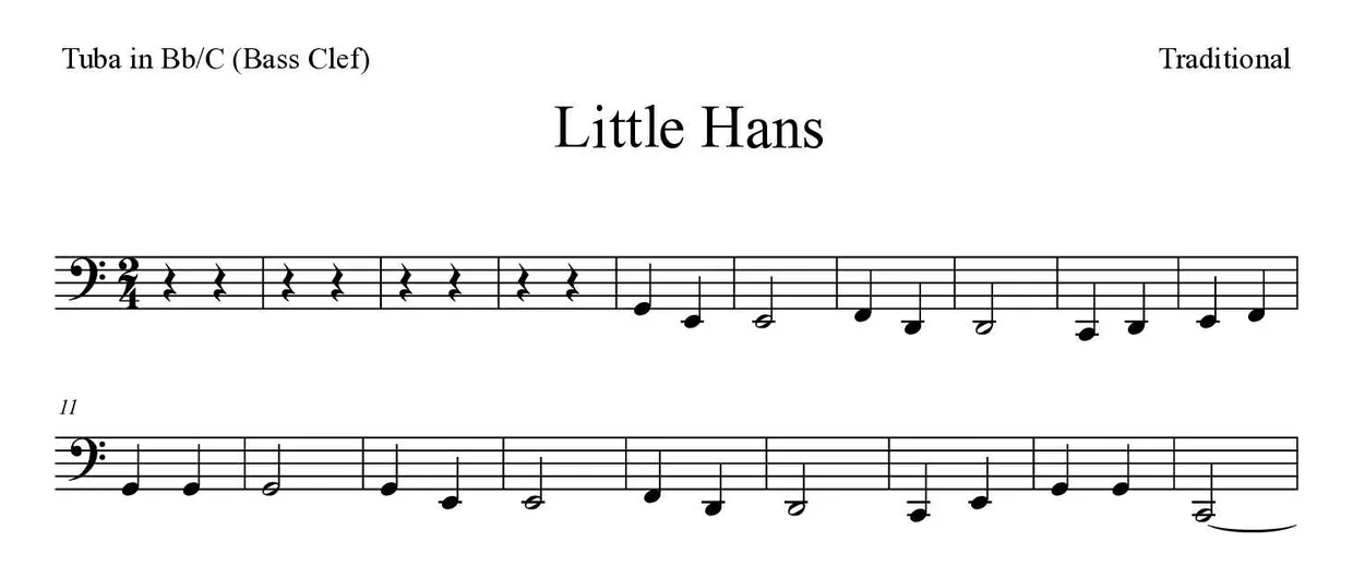 「Little Hans」Tuba in Bb/C (Bass Clef)用楽譜の最初の数段