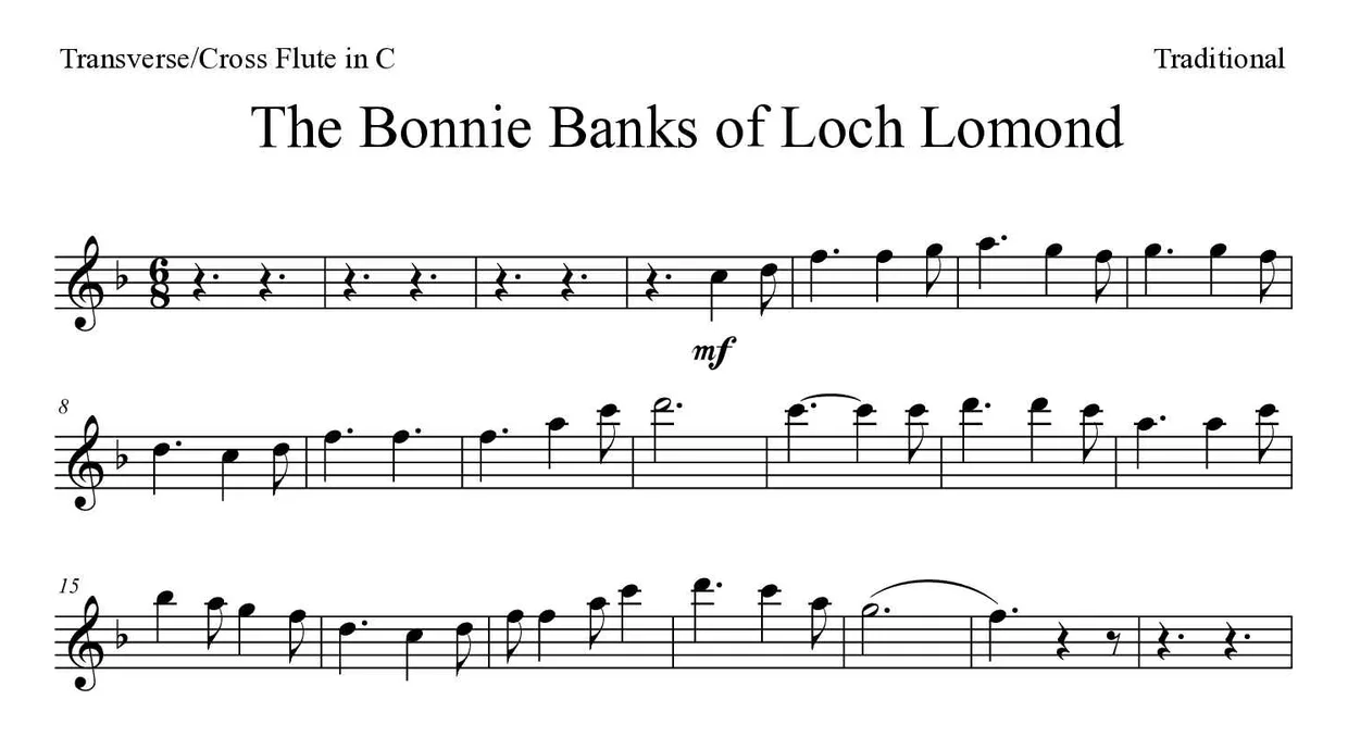 Noten von The Bonnie Banks of Loch Lomond für Querflöte (Schwer), erste Zeilen