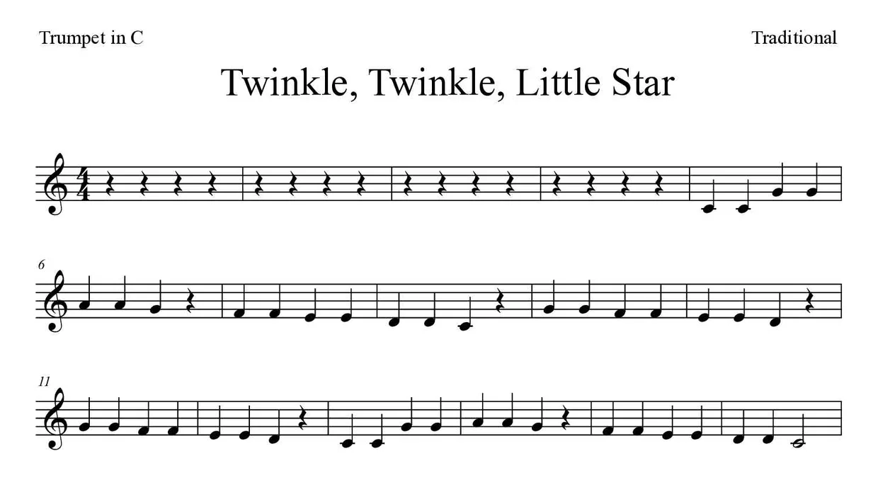 Noten von Twinkle, Twinkle, Little Star für Trompete in C (Einfach), erste Zeilen