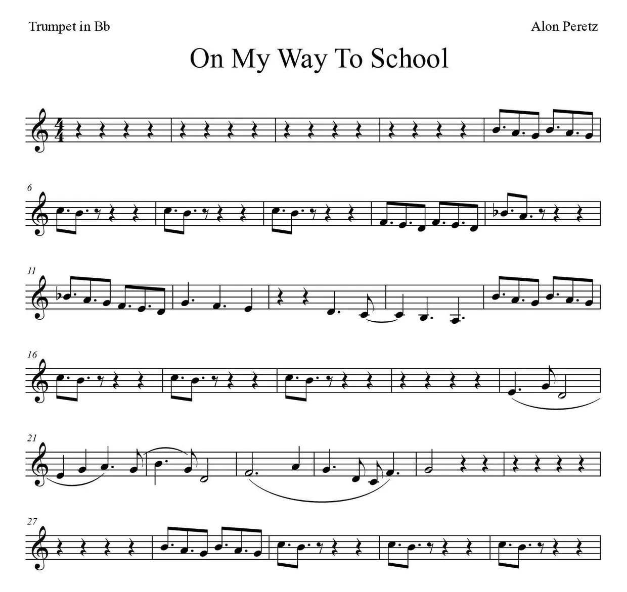 「On My Way To School」Trumpet in Bb用楽譜の最初の数段