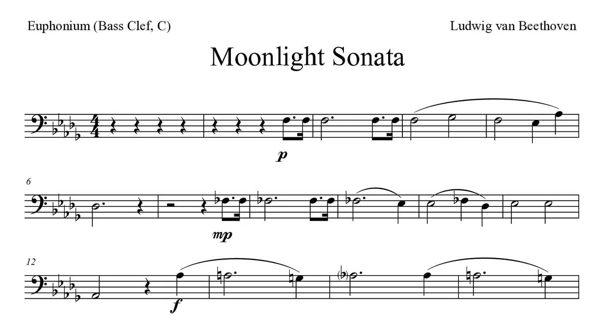 Partition de Moonlight Sonata pour euphonium (clé de fa, do), premières lignes