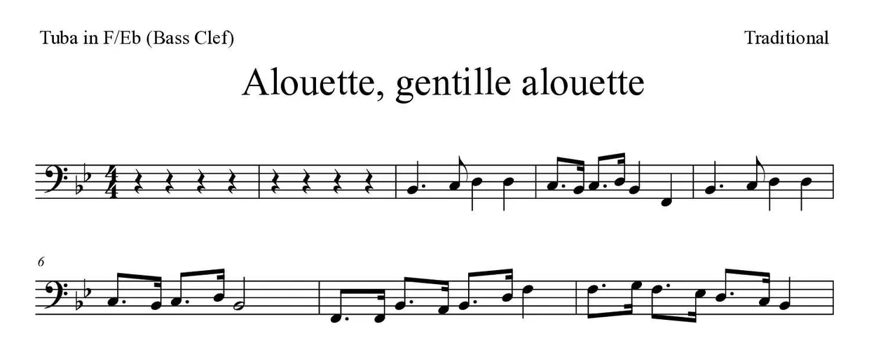 Bladmuziek van Alouette, gentille alouette voor tuba in F/Eb (bass clef), eerste regels