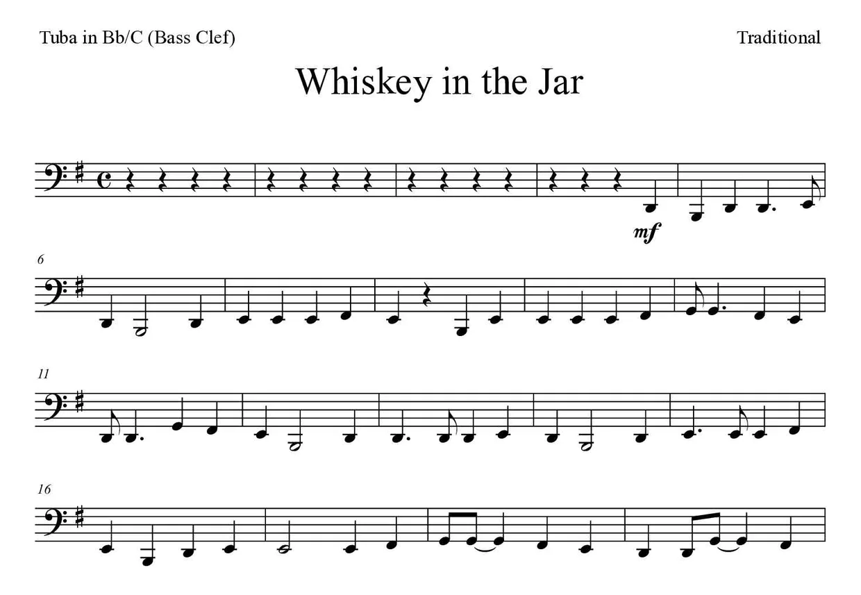 Partitura de Whiskey in the Jar para tuba en Sib/Do (clave de Fa), primeras líneas