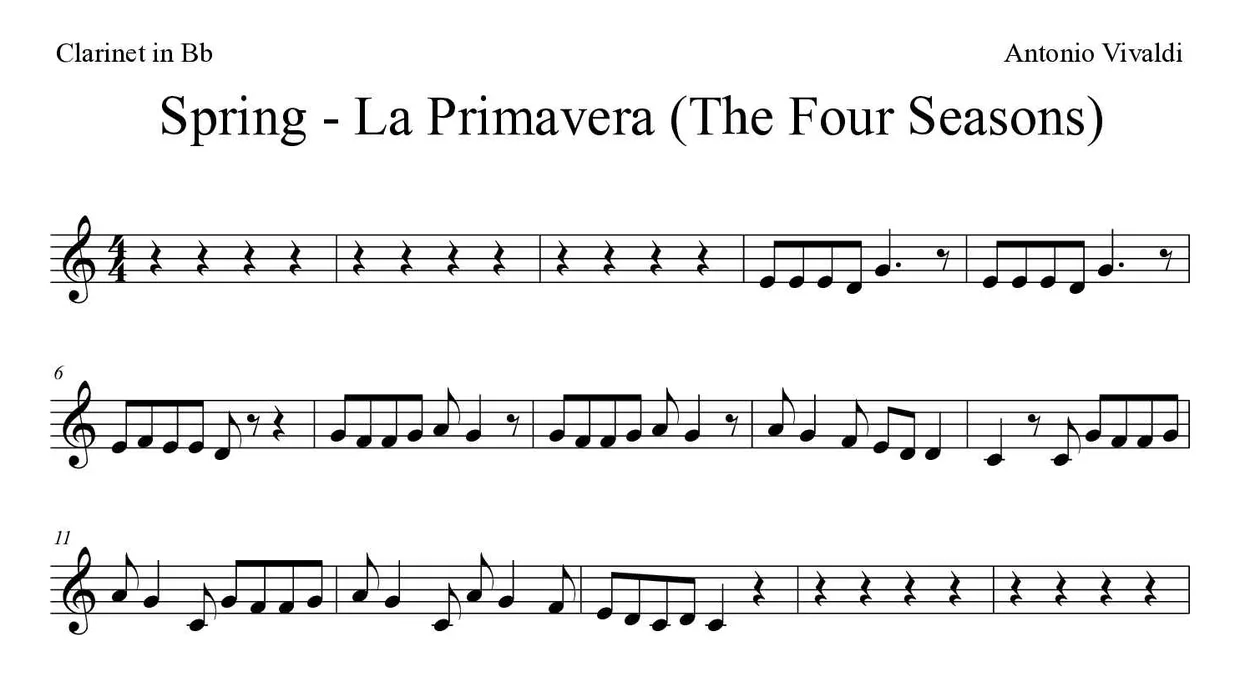 Spartito di Spring - La Primavera (The Four Seasons) per clarinet, prime righe