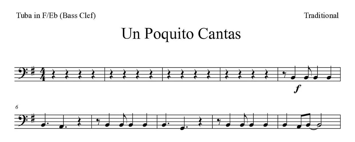 Sheet music of Un Poquito Cantas for tuba in F/Eb (bass clef) (Medium), first lines