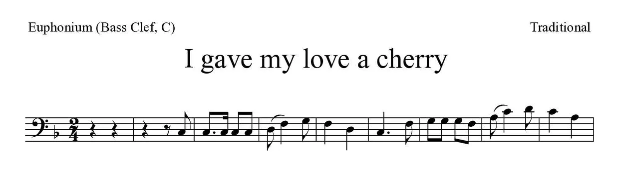 「I gave my love a cherry」Euphonium (Bass Clef, C)用楽譜の最初の数段