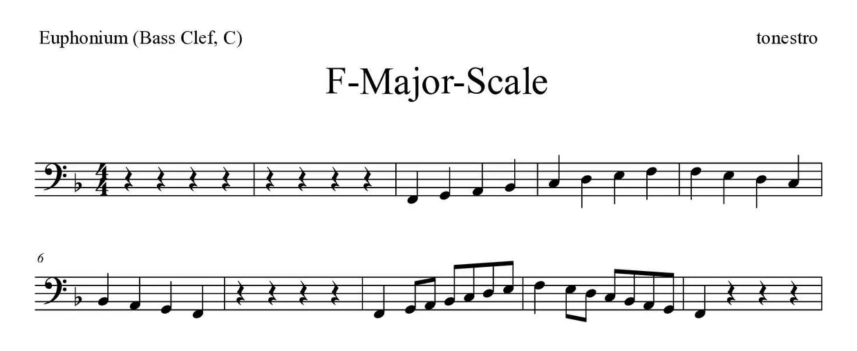 Sheet music of F-Major-Scale for euphonium (bass clef, C) (Hard), first lines