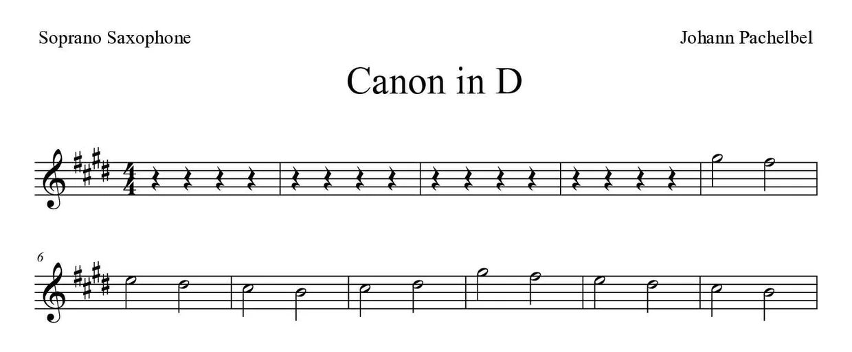「Canon in D」Soprano Saxophone用楽譜の最初の数段