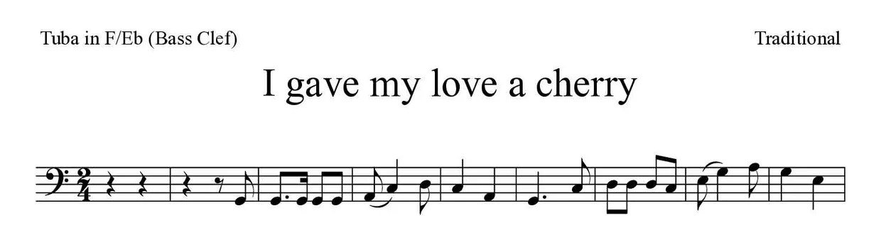 Bladmuziek van I gave my love a cherry voor tuba in F/Eb (bass clef), eerste regels