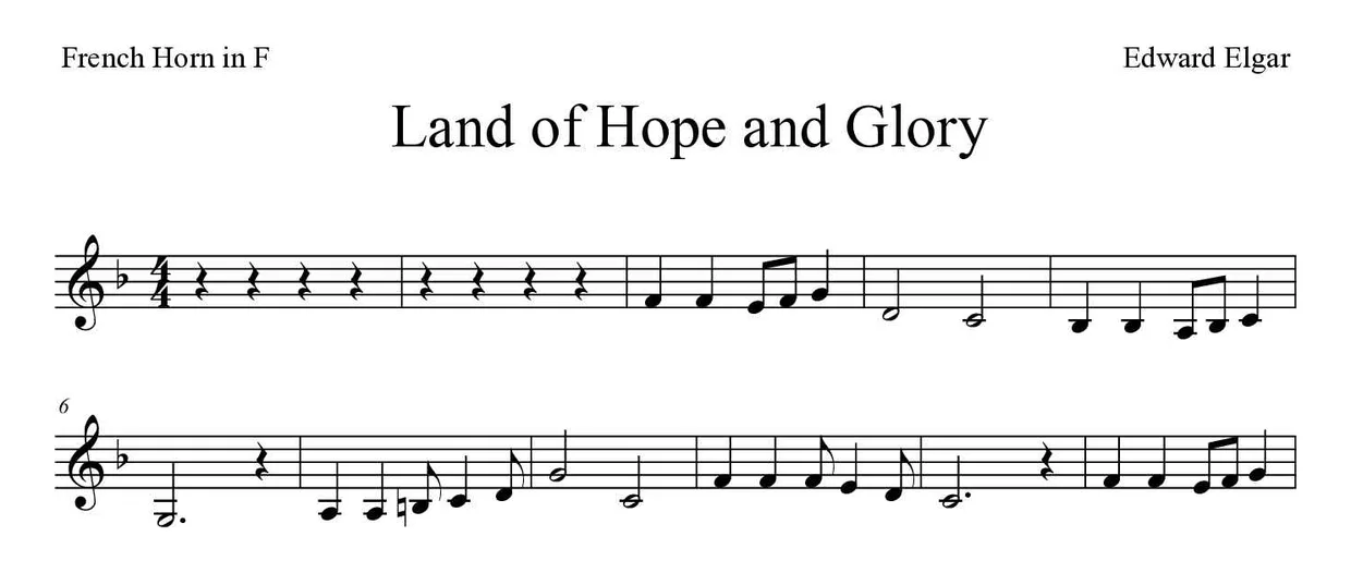 Spartito di Land of Hope and Glory per French horn, prime righe