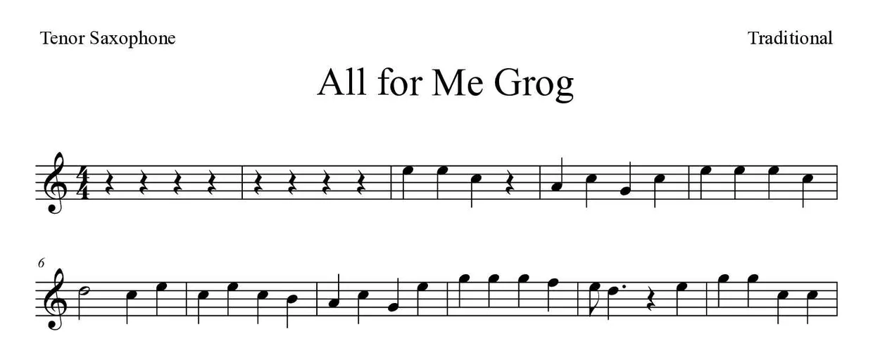 Partitura de All for Me Grog para saxofón tenor, primeras líneas