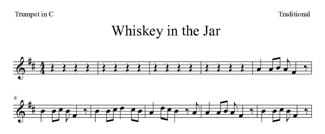 Partition de Whiskey in the Jar pour trompette en do, premières lignes