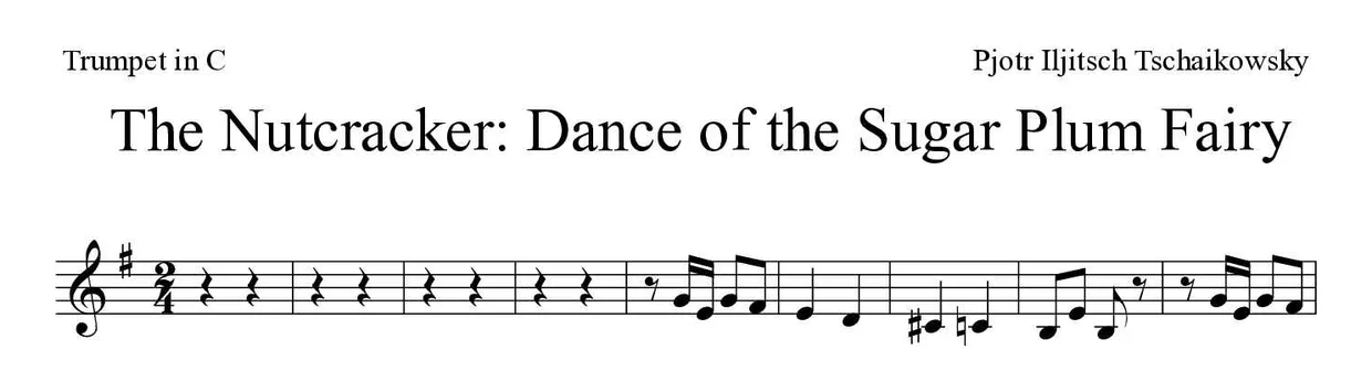 Sheet music of The Nutcracker: Dance of the Sugar Plum Fairy for trumpet in C (Medium), first lines
