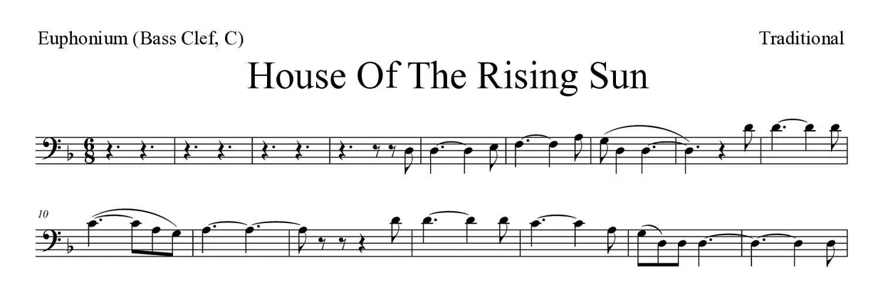 「House Of The Rising Sun」Euphonium (Bass Clef, C)用楽譜の最初の数段