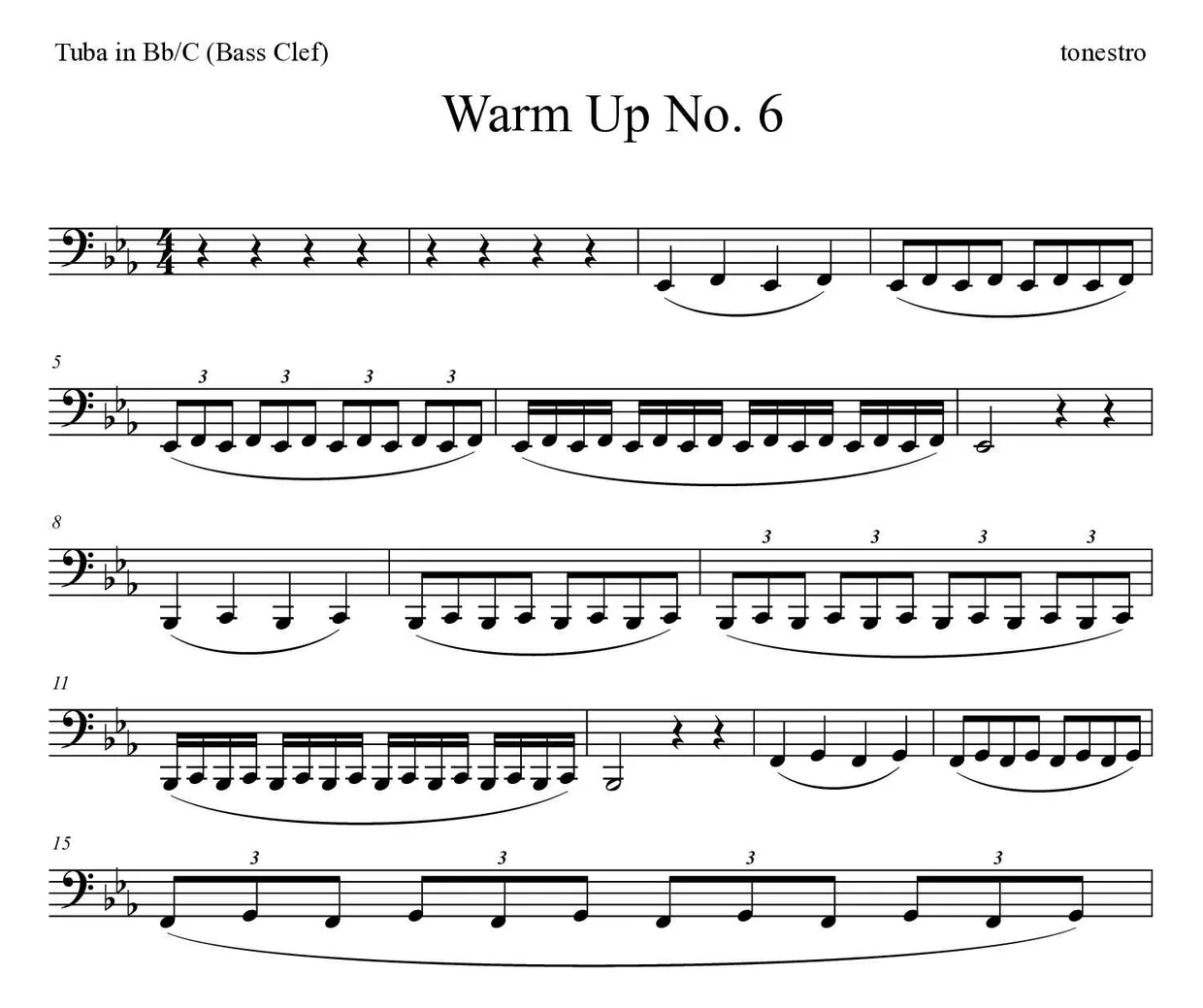 ‘Warm Up No. 6’ Tuba in Bb/C (Bass Clef) 악보의 첫 몇 줄