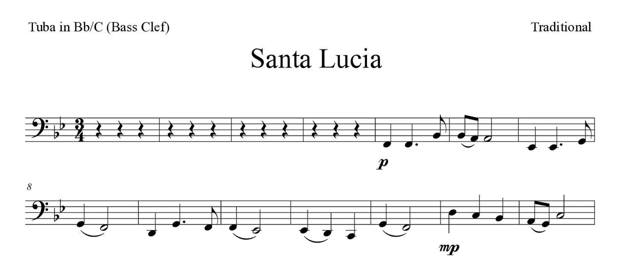 Partition de Santa Lucia pour tuba en si bémol/do (clé de fa), premières lignes