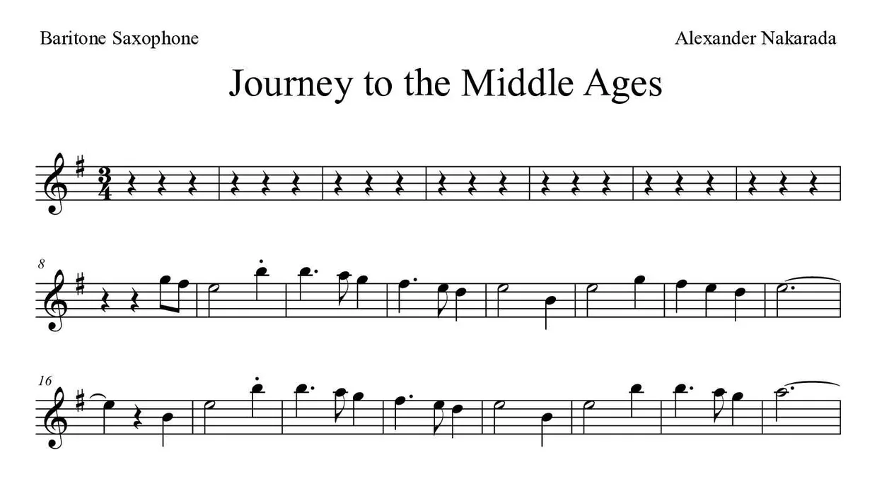 「Journey to the Middle Ages」Baritone Saxophone用楽譜の最初の数段