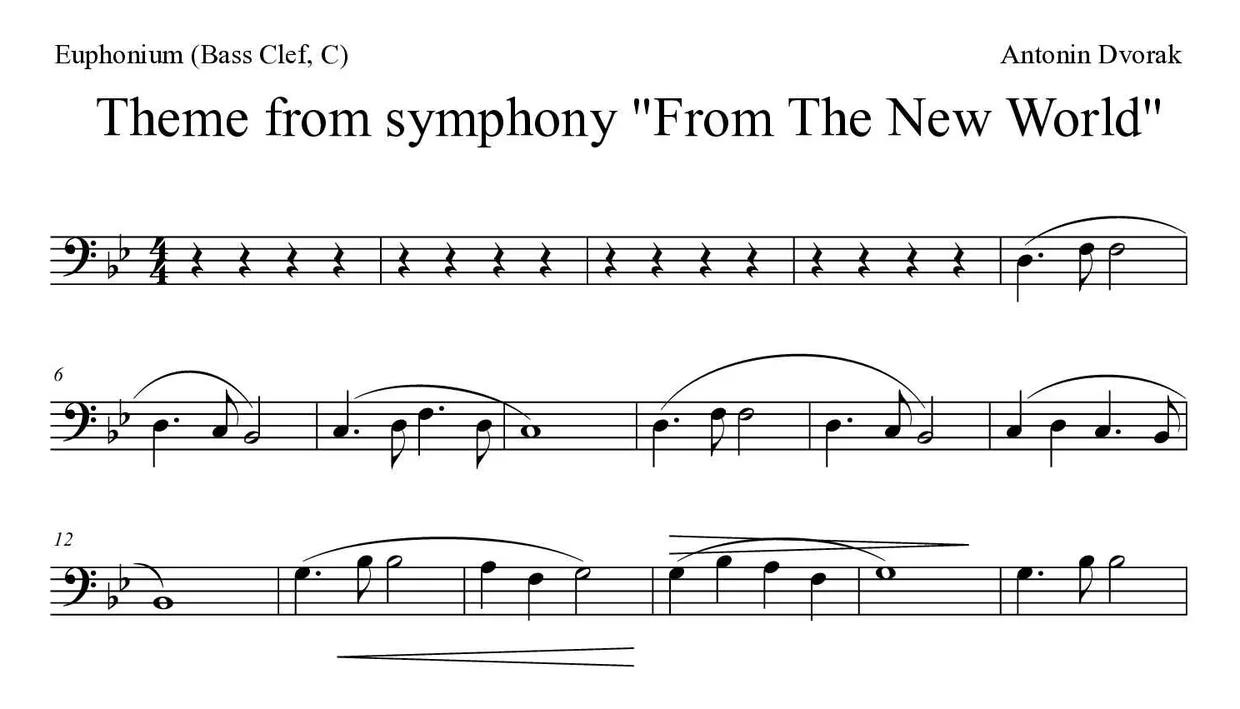 「Theme from symphony "From The New World"」Euphonium (Bass Clef, C)用楽譜の最初の数段
