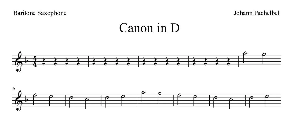 「Canon in D」Baritone Saxophone用楽譜の最初の数段