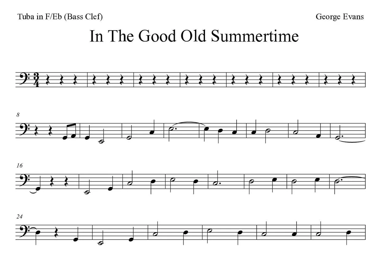 「In The Good Old Summertime」Tuba in F/Eb (Bass Clef)用楽譜の最初の数段