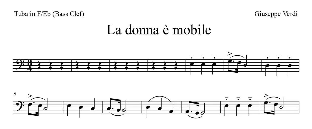 「La donna è mobile」Tuba in F/Eb (Bass Clef)用楽譜の最初の数段