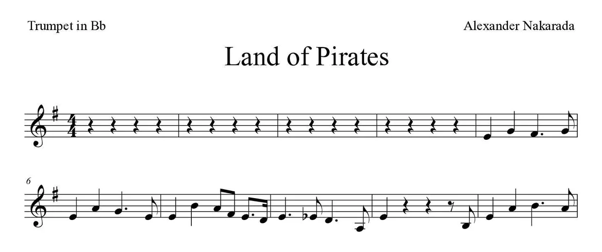 Sheet music of Land of Pirates for trumpet in Bb (Medium), first lines