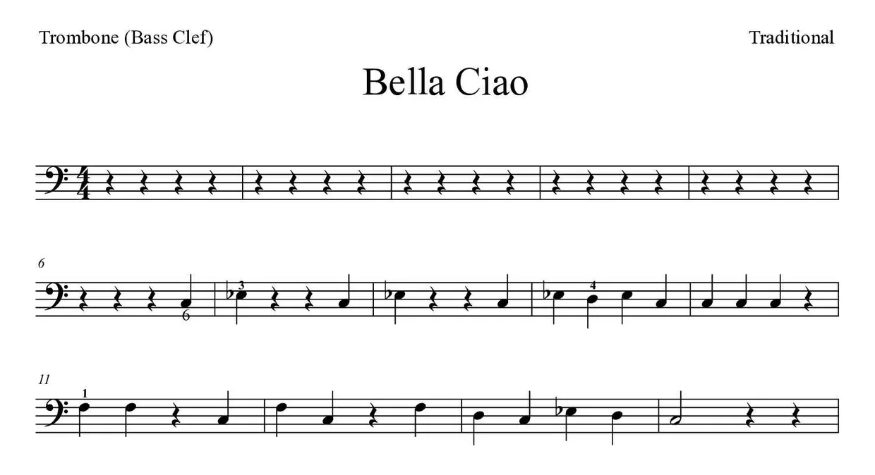 Partitura de Bella Ciao para trombone, primeiras linhas