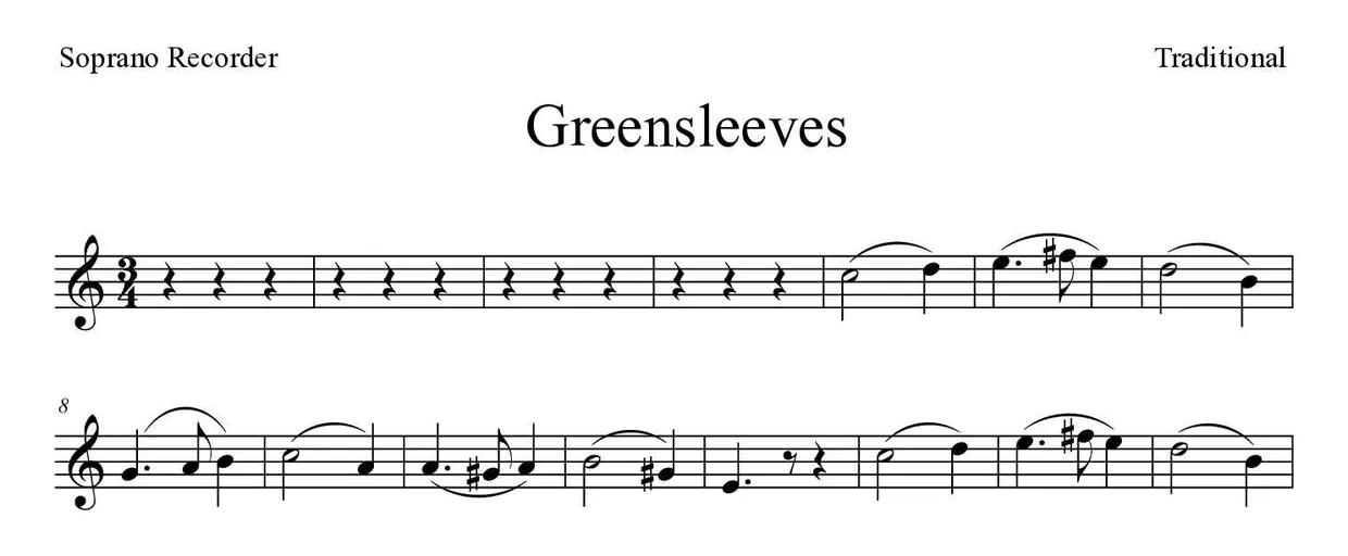 Partition de Greensleeves pour flûte à bec, premières lignes