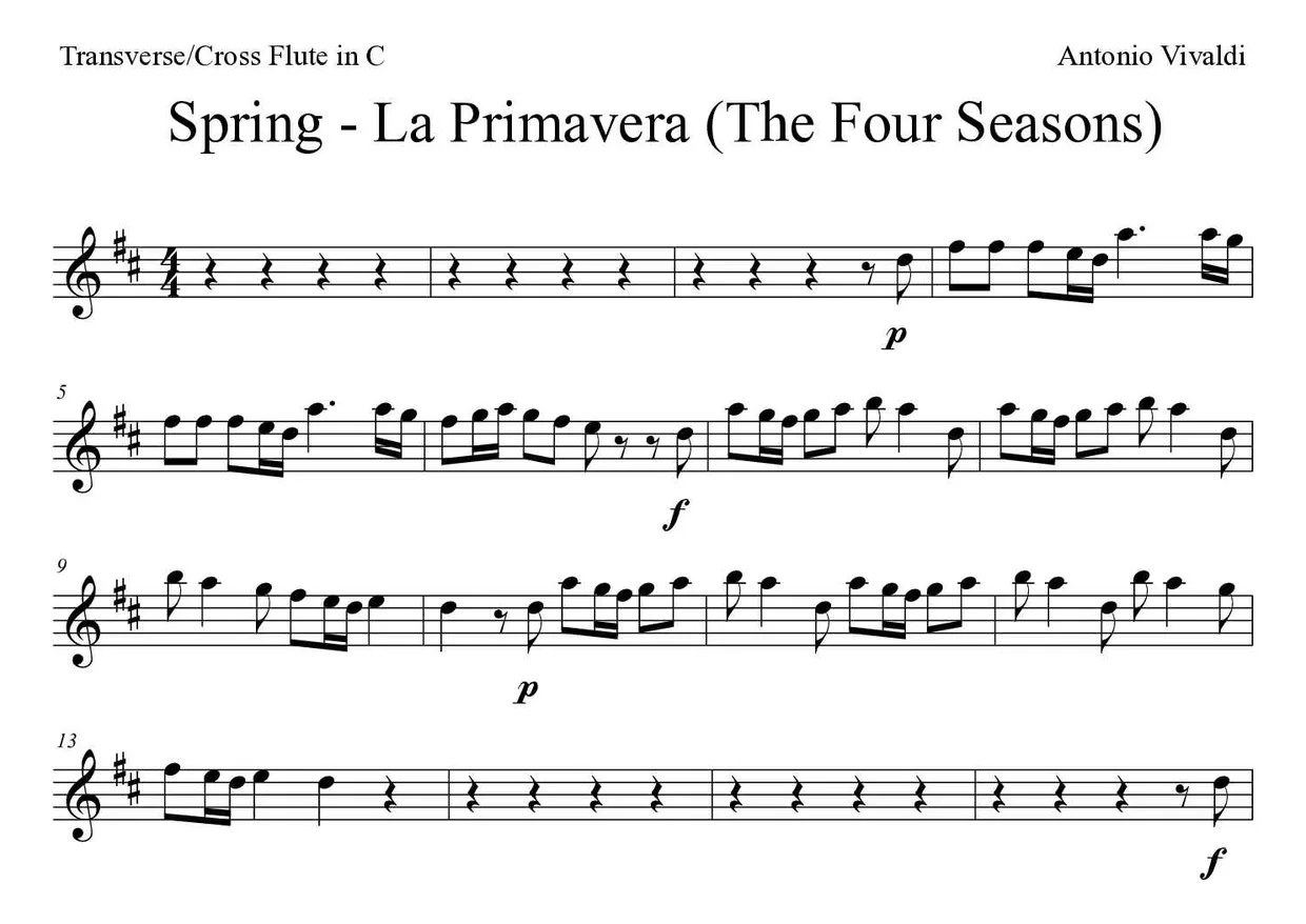 ‘Spring - La Primavera (The Four Seasons)’ Flute 악보의 첫 몇 줄