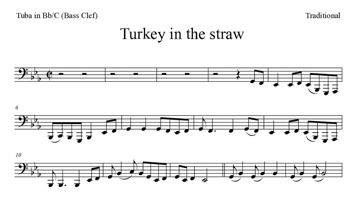 《Turkey in the straw》降B/C调大号（低音谱号）乐谱前几行