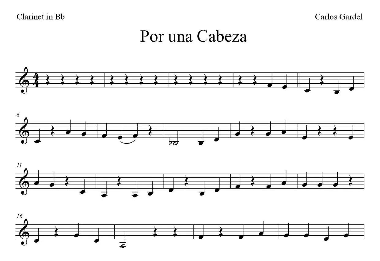 Noten von Por una Cabeza für Klarinette (Einfach), erste Zeilen