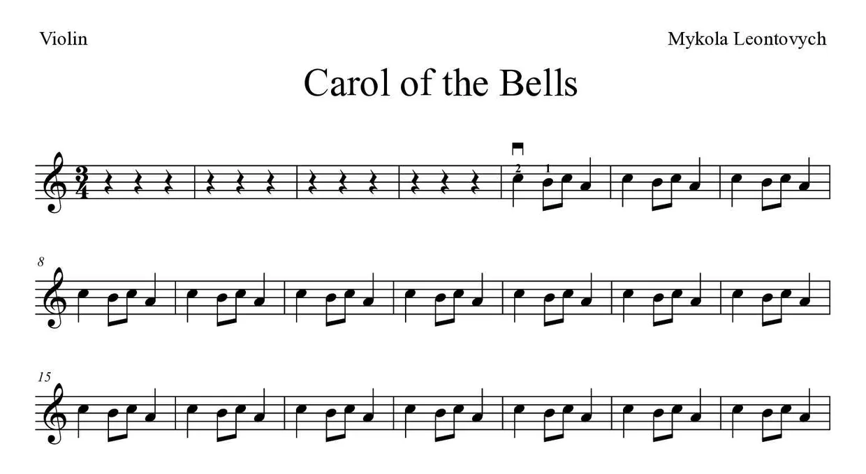 Partitura de Carol of the Bells para violín, primeras líneas