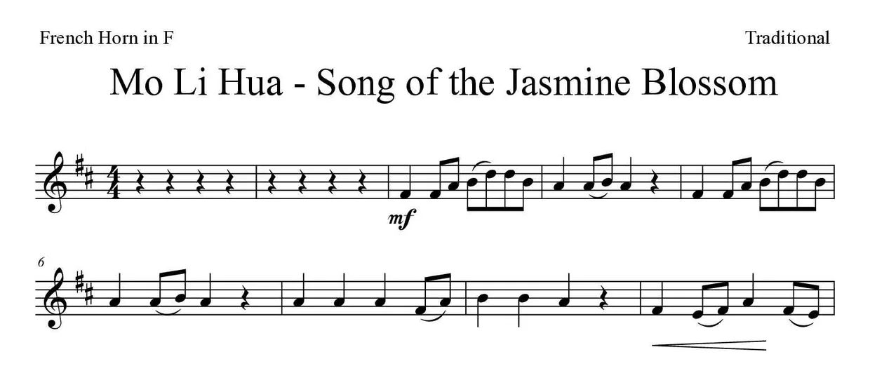 Noten von Mo Li Hua - Lied der Jasminblüte für Horn (Mittel), erste Zeilen