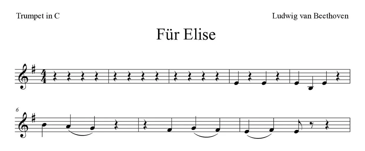 Spartito di Für Elise per trumpet in C, prime righe