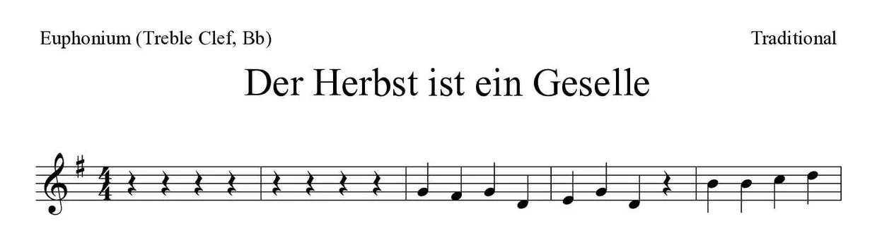 Partitura de Der Herbst ist ein Geselle para bombardino (clave de Sol, Sib), primeras líneas