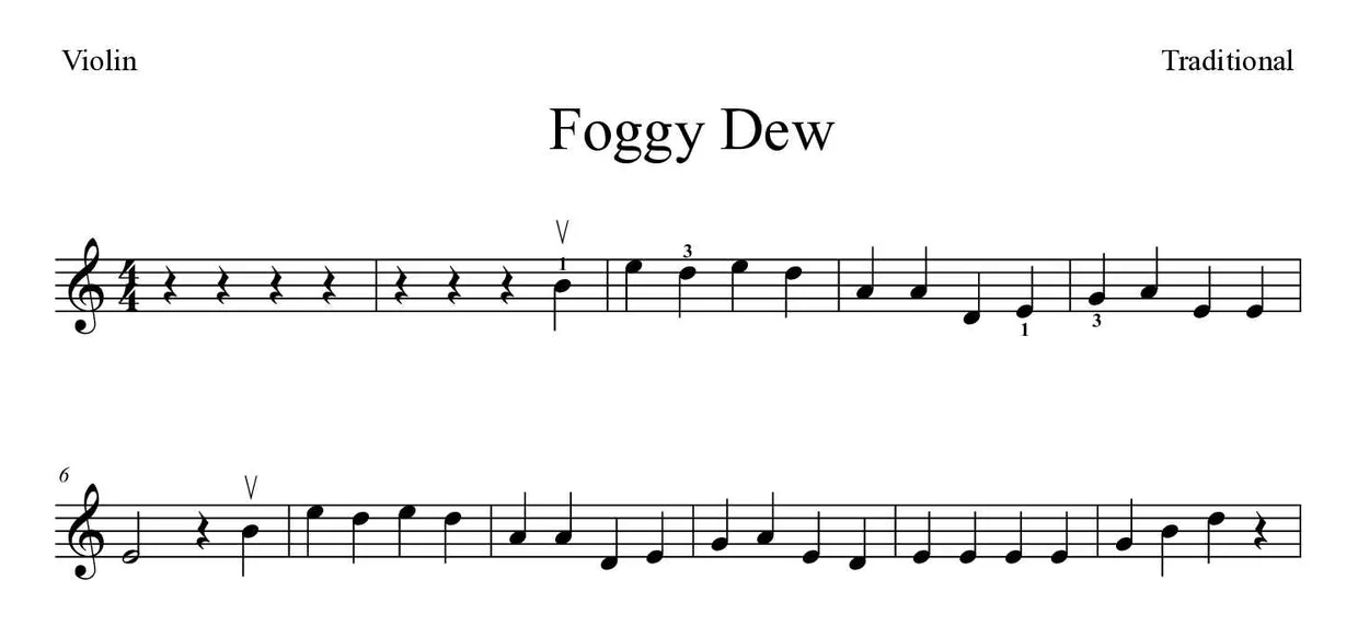 Sheet music of Foggy Dew for violin (Medium), first lines