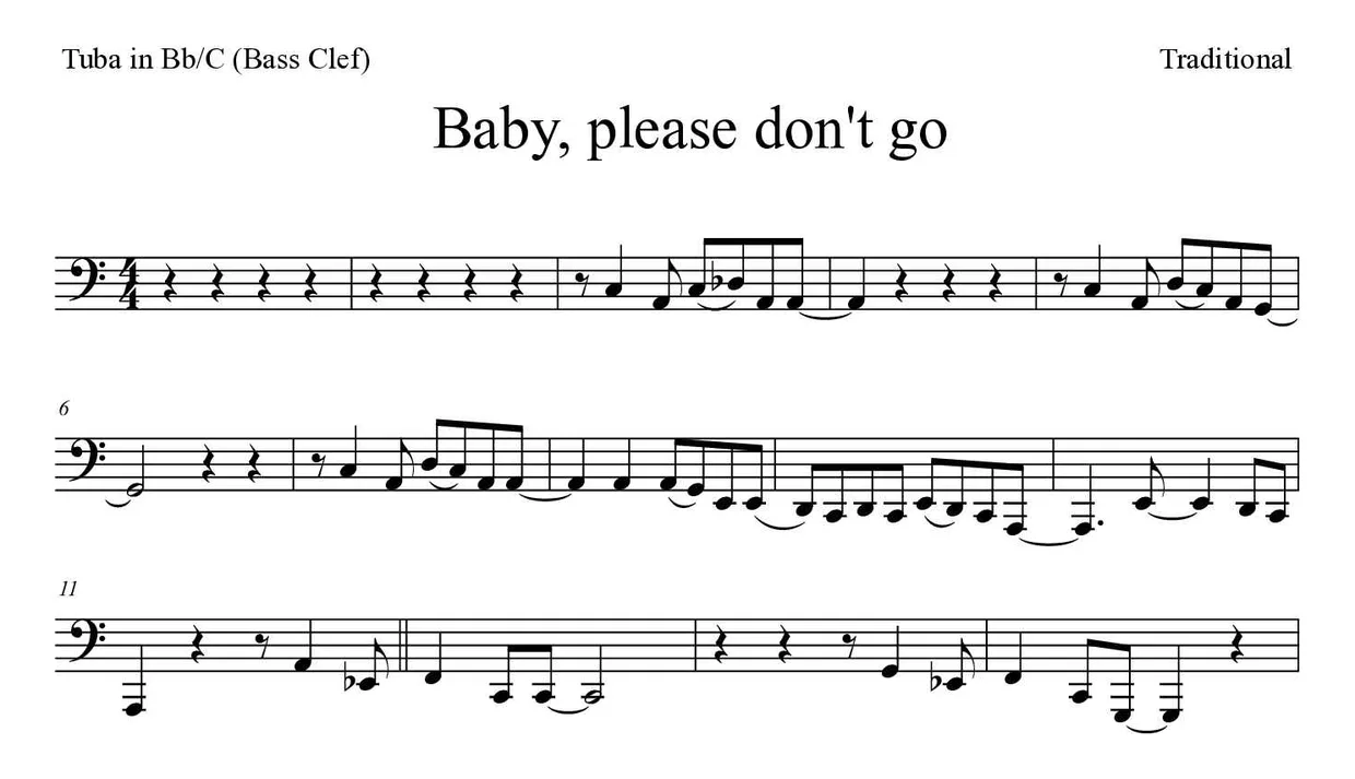 《Baby, please don't go》降B/C调大号（低音谱号）乐谱前几行
