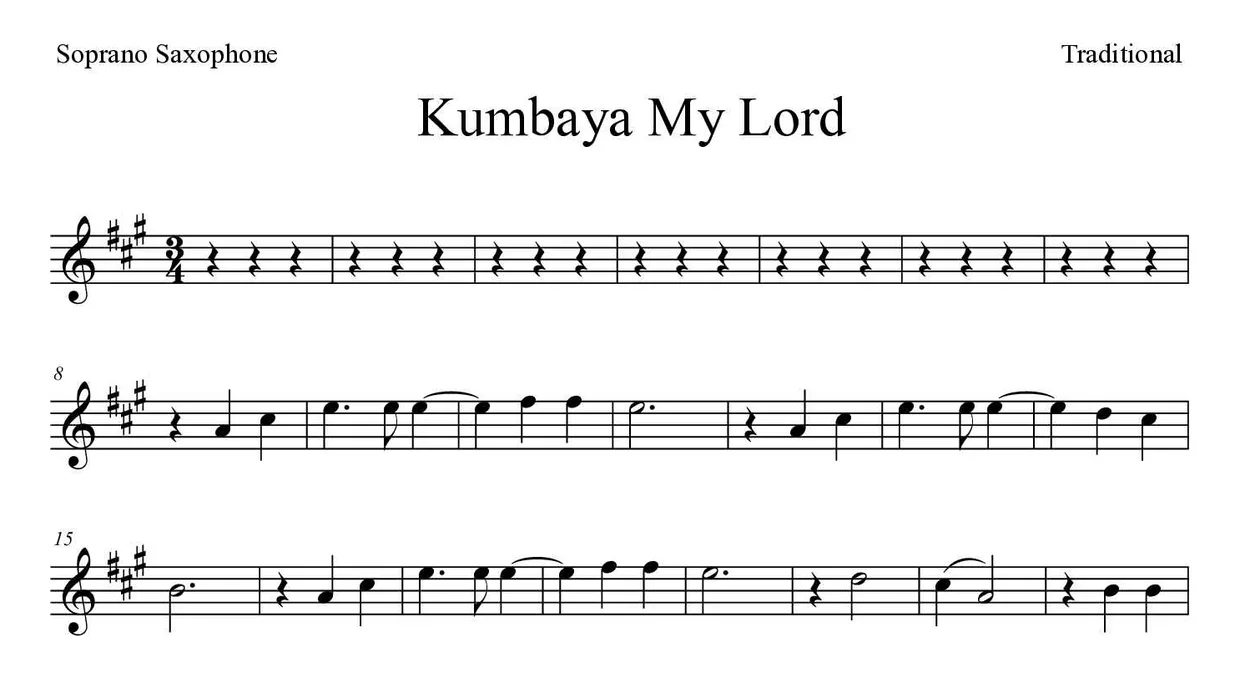 「Kumbaya My Lord」Soprano Saxophone用楽譜の最初の数段