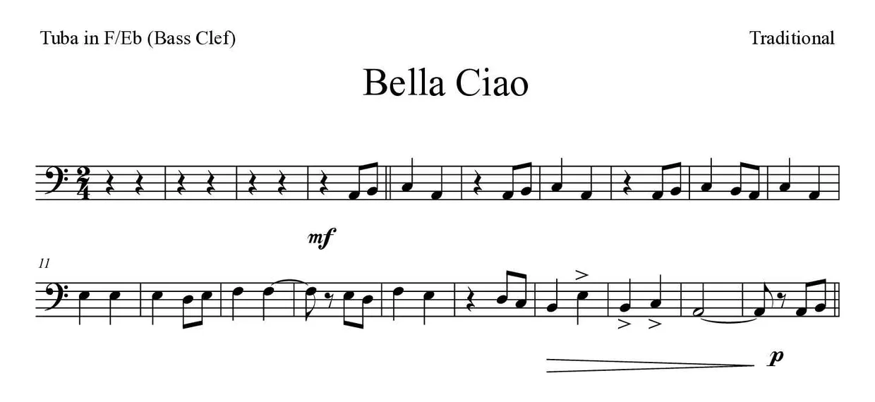 Noten von Bella Ciao für Tuba in F/Es (Bassschlüssel) (Einfach), erste Zeilen