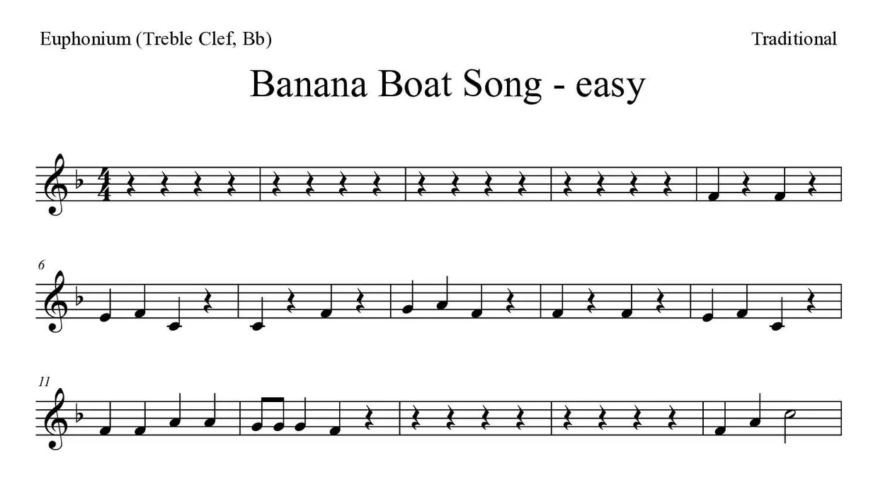 Partitura de Banana Boat Song - easy para bombardino (clave de Sol, Sib), primeras líneas